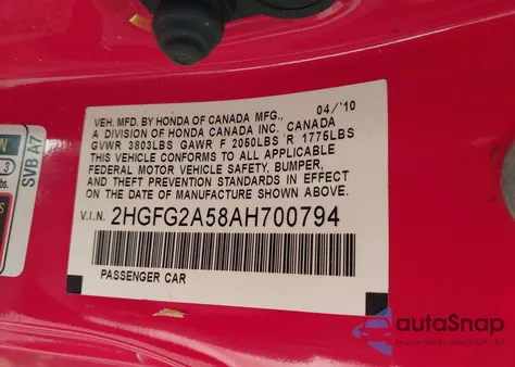 2010 Honda Civic Si z USA, uszkodzony, nr VIN 2HGFG2A58AH700794